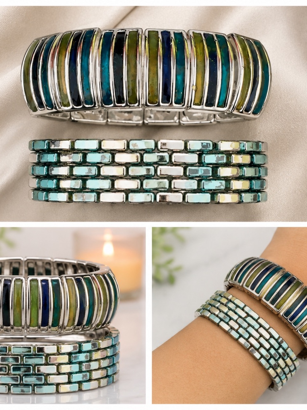 Handcrafted Blue-Green Mosaic Stretch Bracelet Set